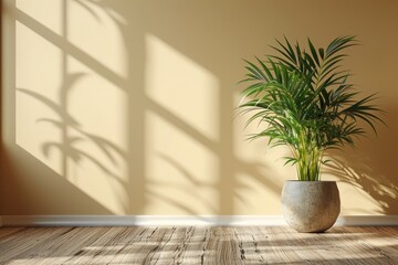 A potted palm tree in front of a beige wall with shadows of leaves on the wall.