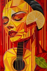 Expressionistic Lemon-Infused Guitar - Vibrant Geometric Portraiture