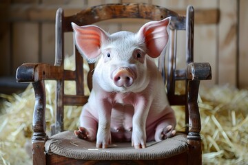 Cheerful Piglet Relaxing on Vintage Wooden Chair in Rustic Farm Setting