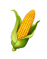 Vibrant illustration of a ripe ear of corn with green husk leaves, showcasing its yellow kernels. Generative AI