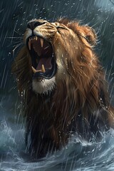 Majestic Lion Unleashing Thundering Roar in Stormy Downpour
