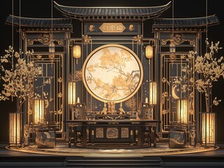 Chinese style black gold retro creative exhibition booth background, 3D rendering sales counter
