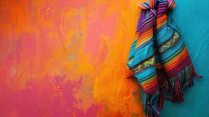 Vibrant Mexican rebozo against a colorful backdrop with room for text - obrazy, fototapety, plakaty