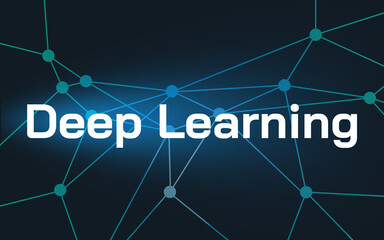 Deep Learning lettering in front of connected dots and dark blue background with lights in the...