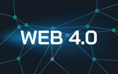Web 4.0 lettering in front of connected dots and dark blue background with lights in the...