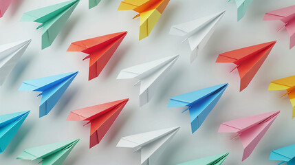 Array of folded paper planes, colorful, variety on a plain background