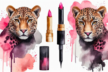 Watercolor, vector style illustration with black lipstick with leopard pattern tip and subtle pink splashes, center, white  with leopard pattern tip and subtle pink splashes, center, white background.