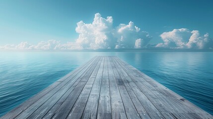 Wooden Pier Stretching Into Ocean Under Cloudy Sky - obrazy, fototapety, plakaty