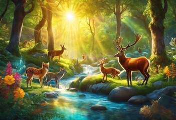 illustration, colorful cartoon forest playful animals gathering sparkling river under radiant sun, Colorful, Cartoon, Forest, Playful, Animals, Gathering, Around, River,