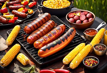 illustration, sizzling bbq grill juicy hot corn cob, Sizzling, BBQ, Grill, Juicy, Steaks, Hot, Dogs, Corn, Cob