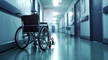 Empty wheelchair parked in hospital