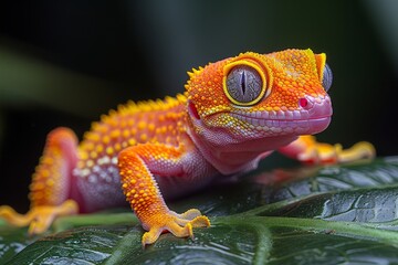Crested Gecko: Climbing on a leafy branch with vibrant colors, ideal for reptile lovers.