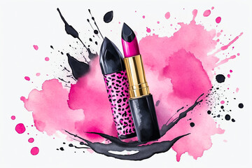 Watercolor, vector style illustration with black lipstick with leopard pattern tip and subtle pink splashes, center, white background.
