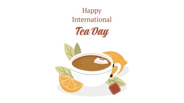 International Tea Day Greeting Animation with leafs and lemon, 4k animation video