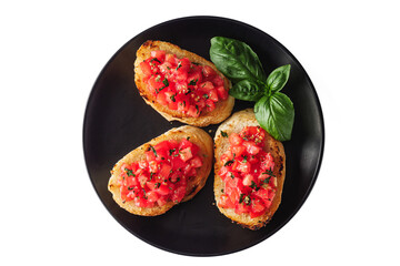 delicious Italian bruschetta with tomatoes on a white background