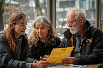 An elderly couple and a middle-aged woman discuss documents attentively in a well-lit room