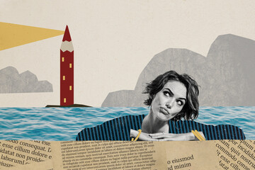 Composite photo collage of puzzled girl swim ocean lighthouse signal searchlight water mountains...