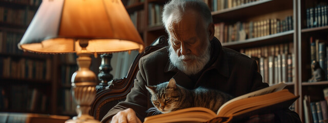 An old man accompanied by a cat, engrossed in studying vintage books, in the light of a vintage lamp, surrounded by the whispers of forgotten tales in a cherished library. - obrazy, fototapety, plakaty