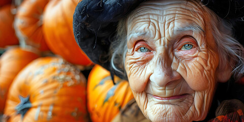 halloween pumpkin and old lady, ai generated.	