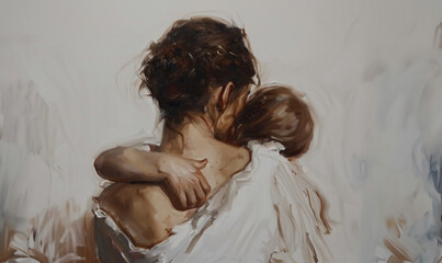 Oil painting of a mom embracing her daughter