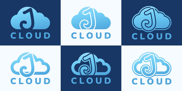 Set of letter J blue cloud logo. This logo combines letters and cloud shapes. Suitable for internet companies, apps, digital storage and the like.