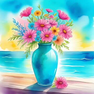 Flowers in a blue vase, painted picture