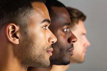 Profile view of young men of different nationalities, ethnicity and skin color, diversity and freedom concept