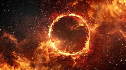 Abstract explosion of fire and ring of flames on dark background with copy space