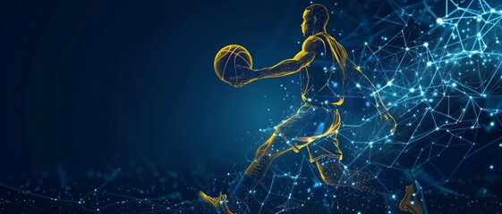 digital yellow Dynamic Low Poly Basketball Player, ai in sports analytics, player performance tracking systems, game strategy optimization algorithms, training regimens for basketball athletes.
