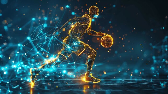 digital yellow Dynamic Low Poly Basketball Player, ai in sports analytics, player performance tracking systems, game strategy optimization algorithms, training regimens for basketball athletes.
