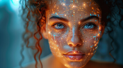 Womans Face Illuminated With Glowing Lights