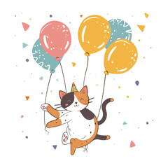 a cartoon cat with balloons that say 