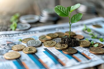 A plant is growing on top of a pile of coins. The coins are of different denominations and sizes, and the plant is surrounded by them. Concept of growth and prosperity - obrazy, fototapety, plakaty