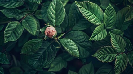 A close-up of a delicate rosebud nestled among lush green leaves, showcasing the intricate details and soft petals of the flower. - obrazy, fototapety, plakaty