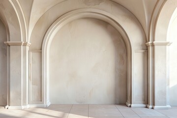 Beige background with arch frame, Empty room with window, walls, floor and ceiling.