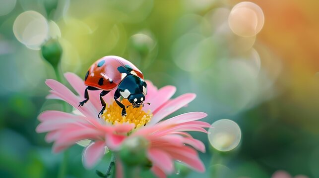Vibrant Ladybug Resting on a Delicate Pink Daisy Flower in a Lush Garden