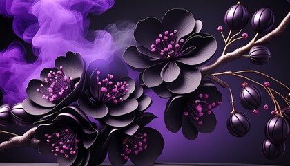 ai generative of a beautiful black sakura with purple smoke and background