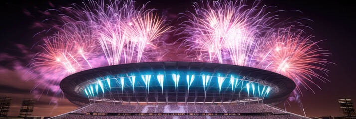 Against the backdrop of the stadium's silhouette, fireworks dance and twirl in a breathtaking display of pyrotechnic artistry.