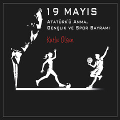 19 Mayis Ataturk'u Anma, Genclik ve Spor Bayrami or , commemorating Ataturk, Youth and Sports Day. It features a silhouette of Ataturk and dynamic images of athletes, symbolizing the energy