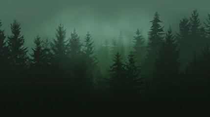 A dense fog veils a dark forest of coniferous trees, creating a mysterious and moody atmosphere.