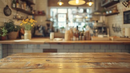 blurred background of retro kitchen with kitchen desk napkin and space for you 