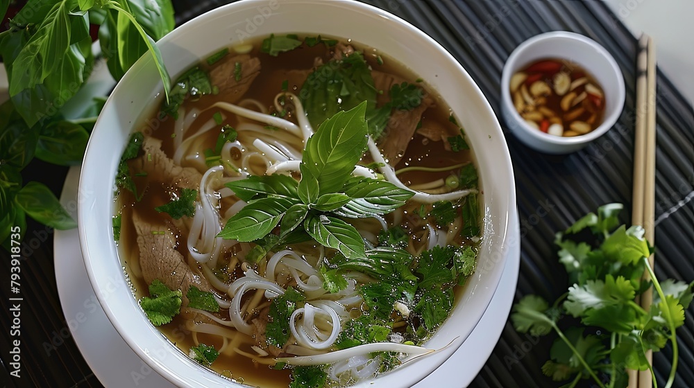 Wall mural A delicious plate of Vietnamese pho soup, filled with fragrant herbs, tender noodles, and savory broth, capturing the essence of beloved Vietnamese comfort food.