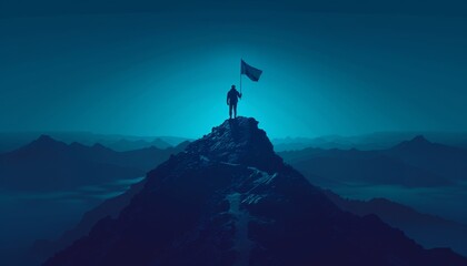 Silhouette of a person standing on a mountain peak holding a flag, with a dramatic backdrop of sun rays and mountain layers. - obrazy, fototapety, plakaty