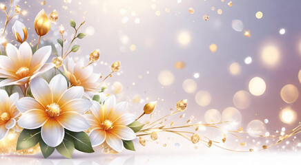 White yellow spring flowers on a light silver shiny bokeh background.Banner for design with copy space. Generative AI.