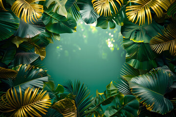 Naklejka premium green background framed by green and gold tropical leaves with empty space in the center