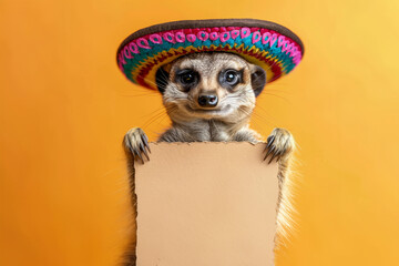 Meerkat wearing a mexican sombrero hat holding a blank notice sign