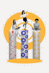 Fototapeta premium Trend artwork photo collage of silhouette young three person business woman stand on cogwheel platform colleagues sit wor laptop remote