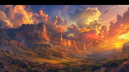 A dramatic sunset painting the sky with vibrant hues of orange and pink behind towering cliffs, casting a golden glow over the rugged landscape.