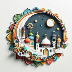 creative Eid al-Adha and Islamic greetings with colorful mosques and white circles for writing