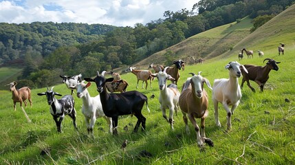 A herd of goats roaming freely on a grassy hillside farm, demonstrating the benefits of rotational grazing and natural foraging for livestock. - obrazy, fototapety, plakaty